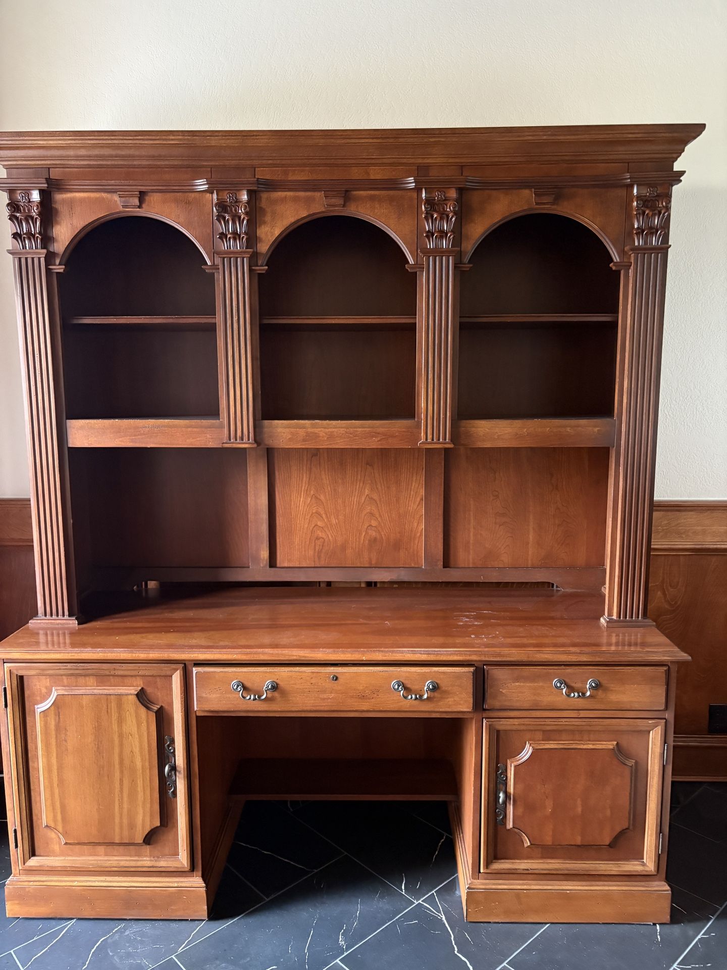 Wooden Office Desk with Hutch & File Cabinet