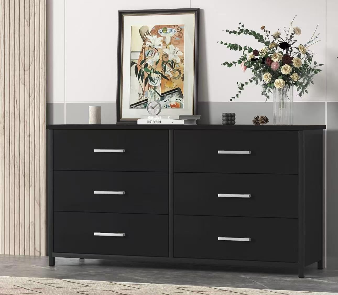 6 Drawer Double Dresser, Industrial Wood Dresser for Bedroom, Storage Cabinet with Sturdy Steel Frame (BCG003)