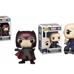 Funko Pop! Marvel Magneto (#640) and Professor X (#641) collectible figures.