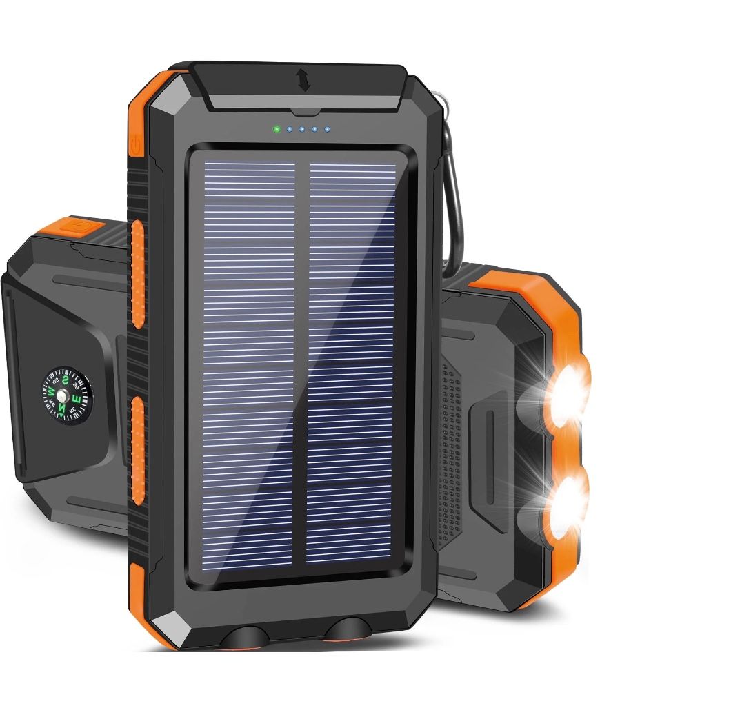 Solar Charger for Cell Phone, 20000mAh iPhone, Portable Solar Power Bank with Dual 5V USB Ports, 2 LED Light Flashlight, Compass Battery Pack for Outd