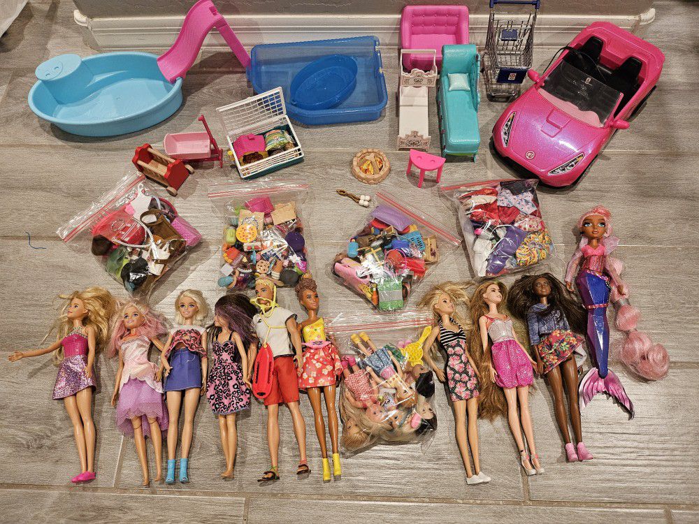 HUGE BARBIE DOLL LOT, Accessories, Clothes, Food, Car, Furniture, 