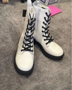 White Lace-Up Combat Boots with Chunky Sole