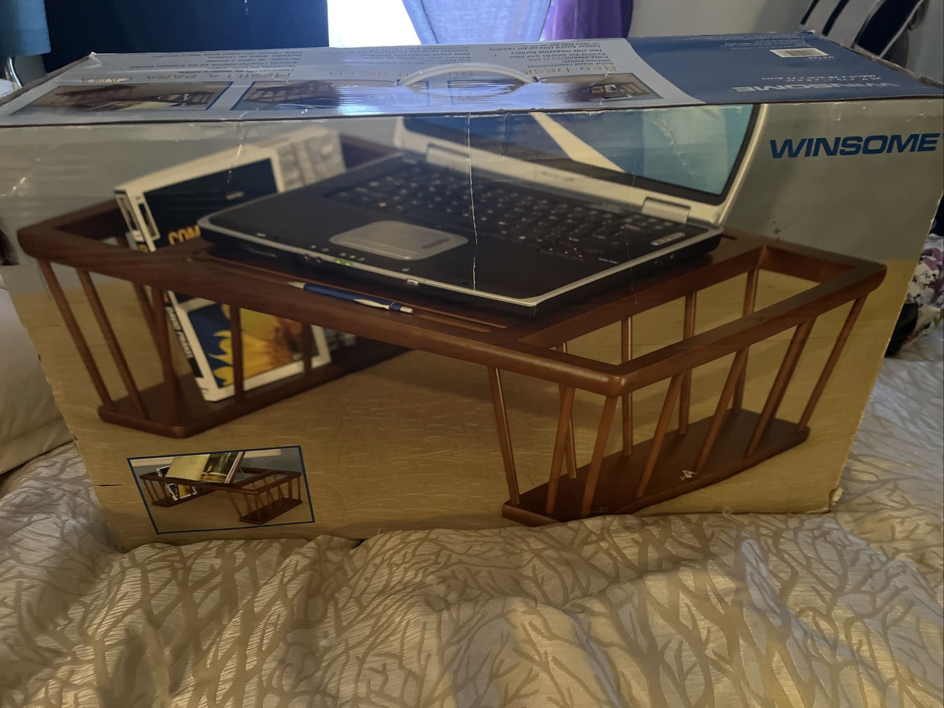 Winsome Wood Flip Top Bed Desk Adjustable Tray Walnut Finish Side Storage NIB