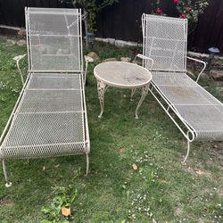 3 piece Wrought iron outdoor furniture- 2 pool chaise loungers and side table