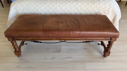 Brown Leather Upholstered Bench with Carved Barley -Twist Legs and Black Ornate Stretchers
