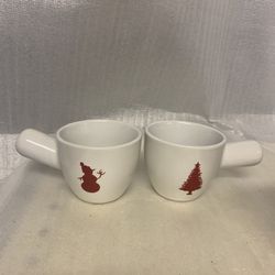 2 Winter Ceramic White Candy/Nut Dishes W/Handle Red Tree Snowman Soup Bowl/Mug