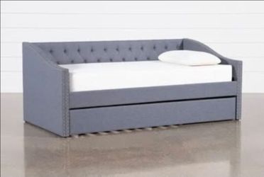 Grey Twin Upholstered Daybed With Pull-Out Twin Trundle | Tufted | Nailhead w Mattresses