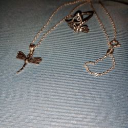 Sterling Silver .925 Dragon Fly Ring 8.5 And Necklace
