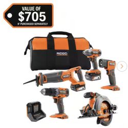 Rigid 18V Cordless 5-Tool Combo Kit With 4.0 Ah Batteries, Charger, Tool Bag