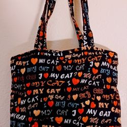 Ladies Quilted Tote Carry Cat Design Bag