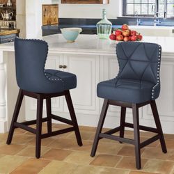 Counter Height Bar Stools Set of 2, 26" H Swivel Bar Stool with Back, Faux Leather Counter Stool, Solid Wood Legs, Retro Upholstered Barstools for Kit