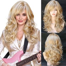 RightOn 22 Inches Blonde Mix Brown Wig Long Curly Mix Blonde Wig with Bangs Long Wavy Wig for Halloween Cosplay Costume Party