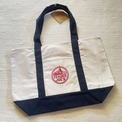 Trader Joe's Reusable Blue White Canvas Eco Tote Bag Heavy Duty
