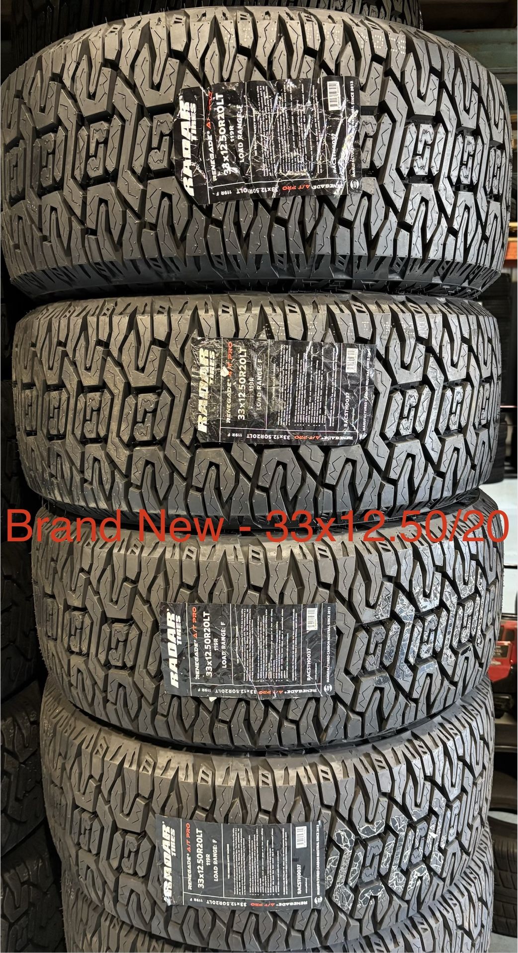 (4) - 33x12.50x20 Radar Renegade AT Pro Tires