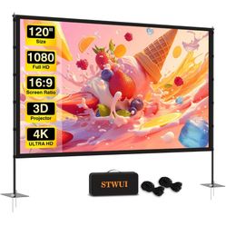 Outdoor-Projector-Screen-with-Stand - 120 inch Portable Projector Screen Indoor Outdoor Projector Screens 16:9 4K HD Lightweight Movie Screen with Car