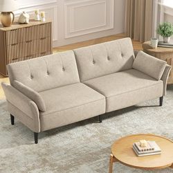 89” Futon Sofa Bed, Velvet Fabric Comfy Futon Couch Bed with 2 Square Pillows, Convertible Sleeper Sofa with Adjustable Backrest& Armrests, Modern Lov