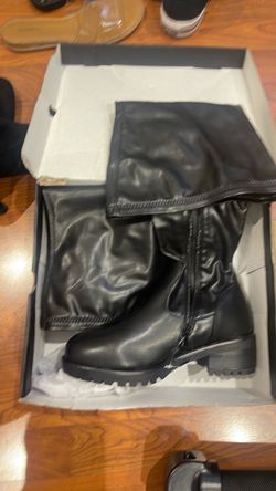 Women Black Leather thigh high Boots with Side Zipper Size 9