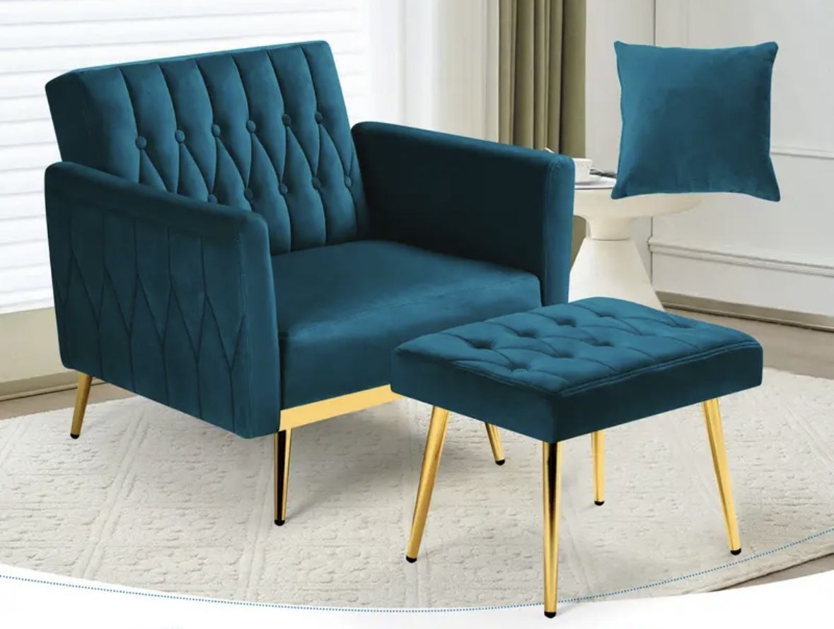 Teal/Gold Velvet Accent Chair with Adjustable Armrests & Backrest, and Footstool NEW