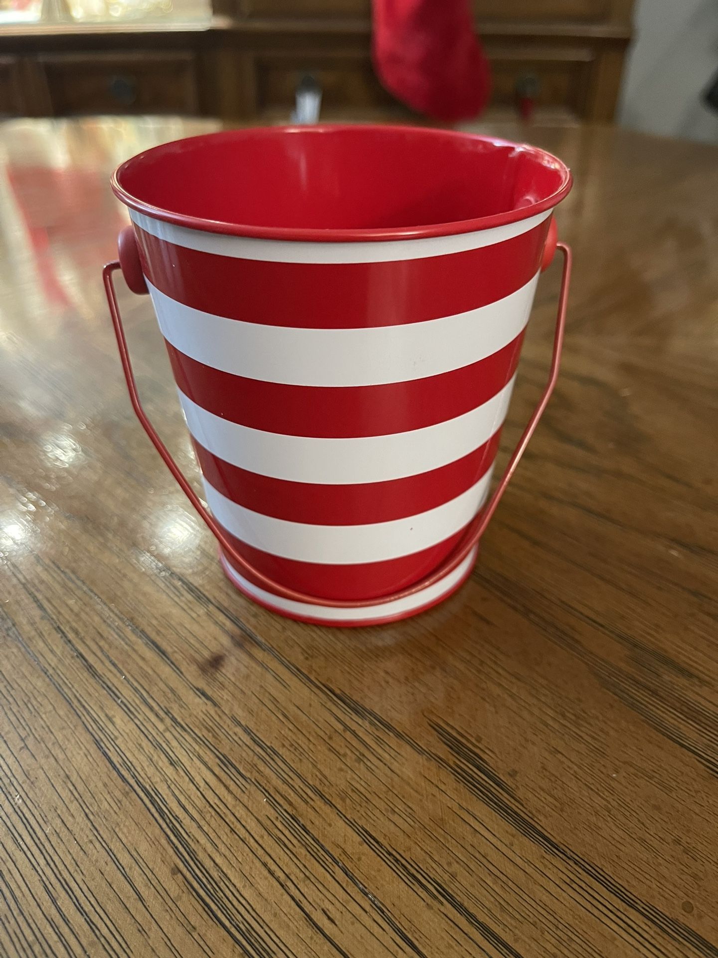 Adorable Red and White Striped Mini Metal Bucket with Handle