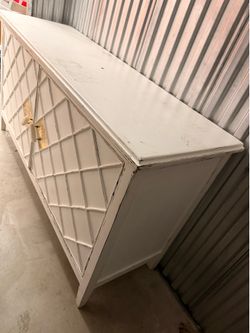 Solid wood cabinet distressed white with gold accent