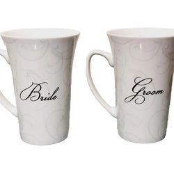 Gibson Bride Groom 6 Inch Latte Mugs White Grey Swirl Love Text Is A Cord Unbroken