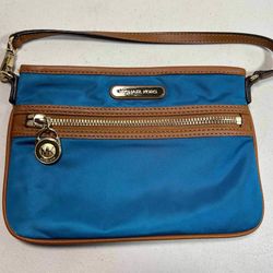 Michael Kors Wristlet Teal Blue Nylon Brown Leather Gold Details