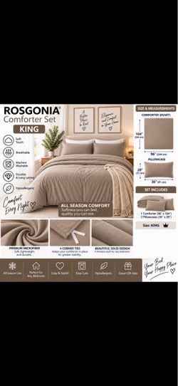 ROSGONIA King Comforter Set β 3 Piece β Beige