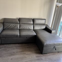 Sofa Come Bed, 102  Wide Faux Leather Sectional Sleeper Sofa With Adjustable Headrest ,Sleeper Sectional Pull Out Couch Bed With Storage Ottoman