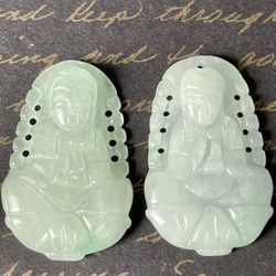 Buddha Jade Pendants, 2pc, Natural Stone, Good Luck Talisman, Green 