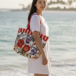 Este Lauder Red Floral Large Tote Bag  18 x 14” canvas lined