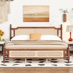 🔥Brand new in Box 🔥King Pine wooden Bed with Rattan Headboard and Footboard, with Central Enhanced Bed(Walnut)  💰180$