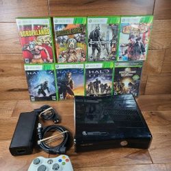 Xbox 360 S Slim Bundle 250 GB Hard Drive Controller 8 Games Power Cord *Tested*