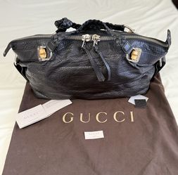 Authentic Gucci Black Large Leather Bamboo Bar Tote Shoulder Bag