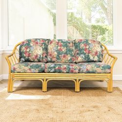 Vintage-Style Rattan Sofa — Floral Upholstery, Coastal Charm