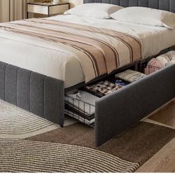 KING Upholstered Bed Frame With 4 Storage drawers