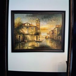 Large Hand Painted Oil Painting With Mahogany Frame