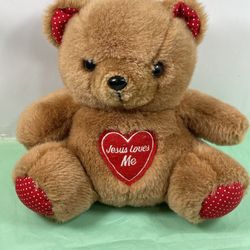 Harpers Fare Kids Jesus Loves Me Teddy Bear Heart Polka Dots 9" Rare
