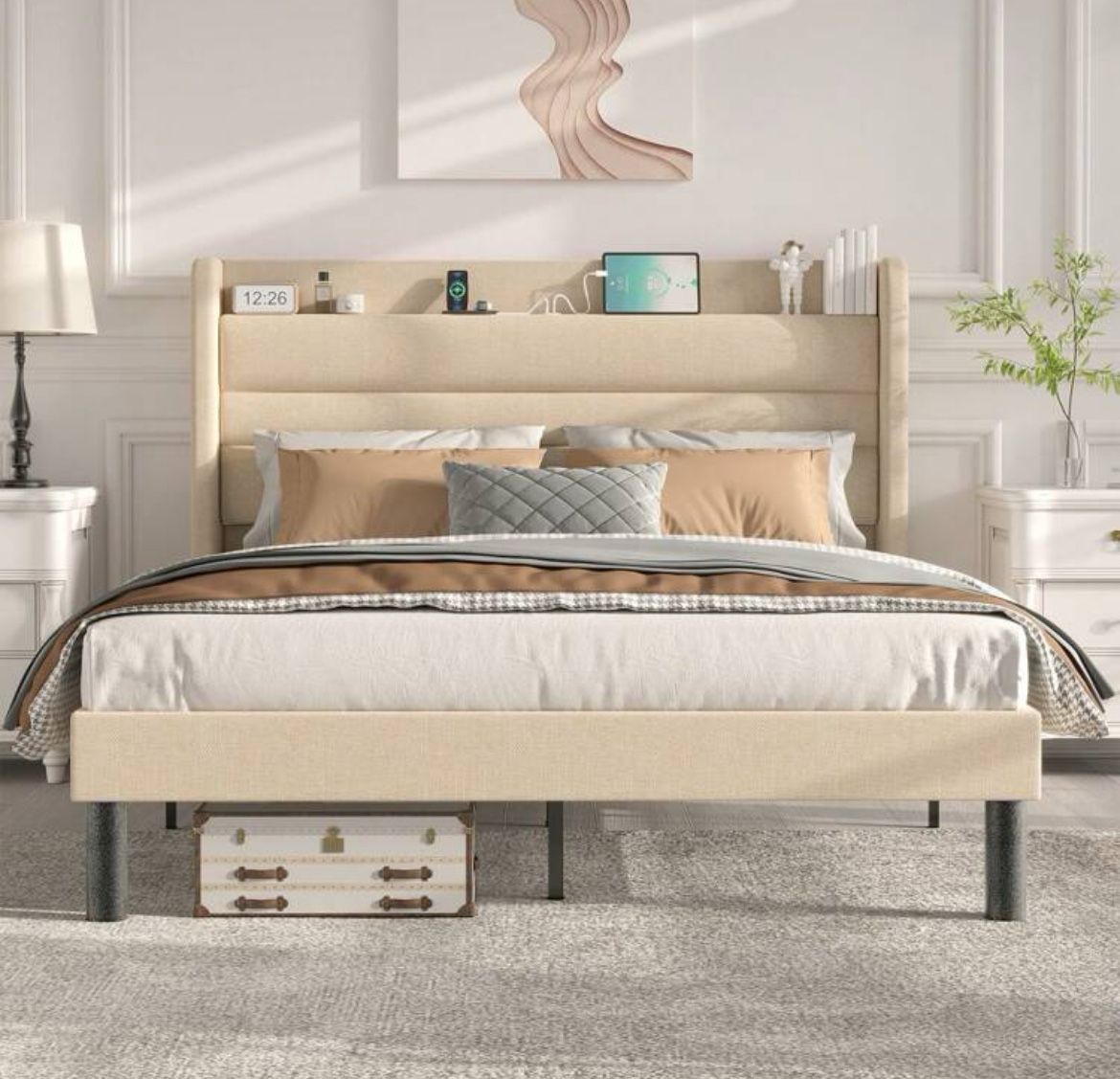 Full Size Bed Frame With Charging Station, Type-C & USB Ports, Linen Upholstered Full Bed Frame With Wingback Storage Headboard 