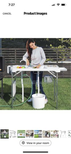 Fish Cleaning Table with Dual Sink, Portable Folding Camping Table with Faucet, Sprayer, Grid Rack, Hose Hook Up & Knife Groove, Outdoor Sink Station 