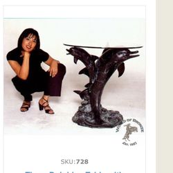 Bronze Dolphin  With Round Glass Top -End Table