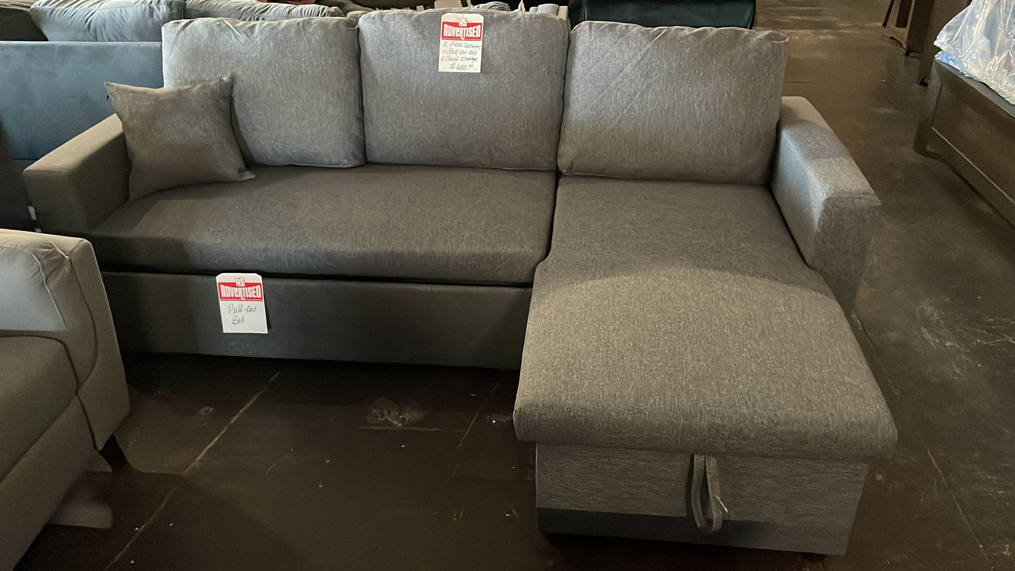 Grey Reversible Sofa Sleeper Sectional w/ Pullout Bed and Storage Chaise