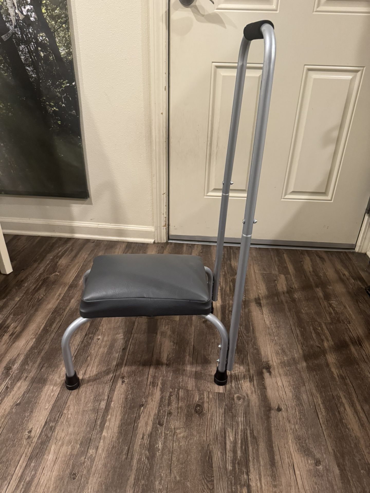 gray staircase, vinyl upholstery