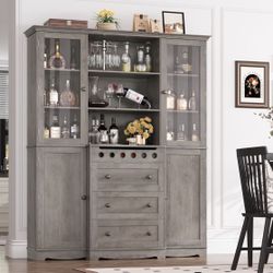 72" Tall Kitchen Storage Cabinet with Doors and Open Shelves, 58" Wider Kitchen Hutch with Countertop and Wine Drawer, Large Modern Pantry Cabinet wit