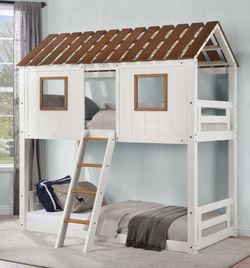 Brand New White & Oak House Design Twin Size Bunk Bed
