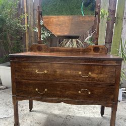 Tiger Oak Antique Credenza with Original Mirror 