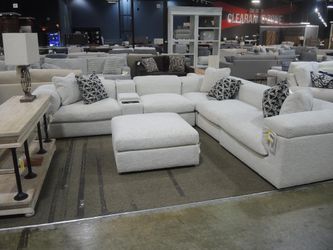 Synergy Reve Cream Boucle U-Shaped Sectional with Audio Console and Ottoman