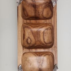 Wooden Serving Tray With Pewter Handles