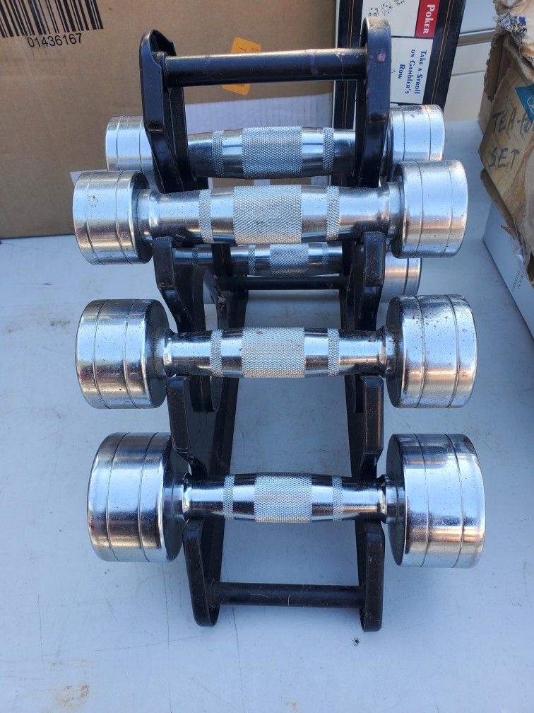 Lot of 3 Pairs of Dumbbells 3 LB, 5 LB & 8LB Chrome Silver Weights Total = 32lb
