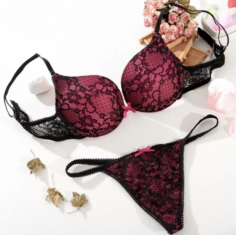 Deep V Lace Surface Push Up Sexy Bra Panty Sets Matching Bow G-string Comfortable Underwear Women Lingerie Set Intimates Color: Rose red Size: 34B/75B