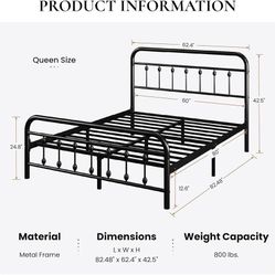 Queen Metal Bed Frame with Victorian Iron-Art Headboard, Black Victorian Iron-Art Headboard and Footboard, Easy Assembly, Under Bed Storage, No Box Sp